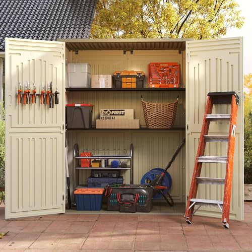 Vertical Resin Storage Shed, 60 Cuft Garden Tool Sheds & Outdoor Storage, Plastic Outdoor Storage Cabinet Waterproof, 4.5 x 2.3 ft Backyard Outside Lawn Mower Storage Shed, White