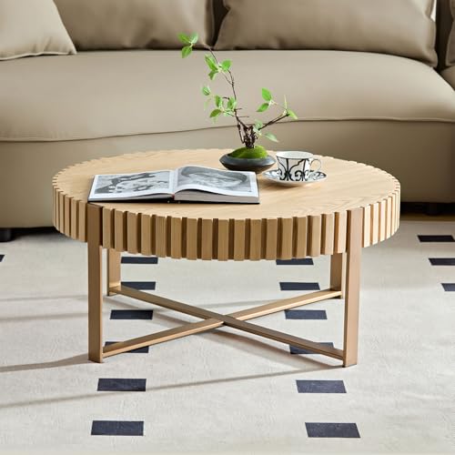 31.5'' Round Coffee Table, Modern Coffee Table Circle Solid Wood Coffee Table with Stainless Steel Gold Legs, Romanesque Small Center Table for Living Room Office Apartment (Walnut)