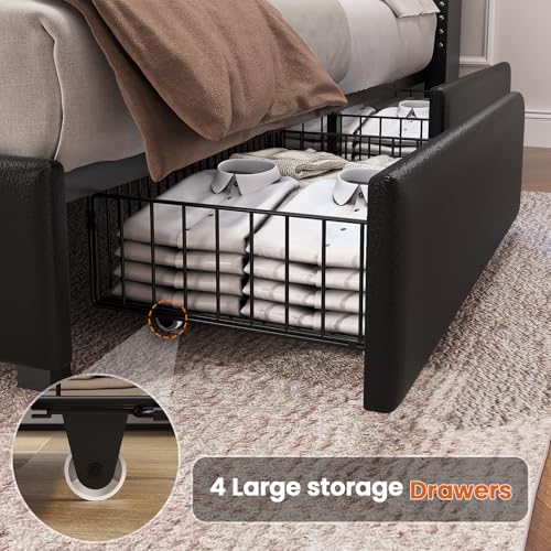 SEDETA Full Size Bed Frame with Headboard & 4 Drawers, LED Bed Frame with Charging Station, Upholstered Bed with Storage Headboard, No Box Spring Needed, Easy Assembly, Grey