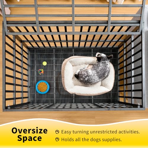 Upgrade 48 Inch Heavy Duty Indestructible XL Dog Crate Steel Escape Proof, Indoor Double Door High Anxiety Cage, Kennel with Wheels, Removable Tray, Extra Large XL XXL