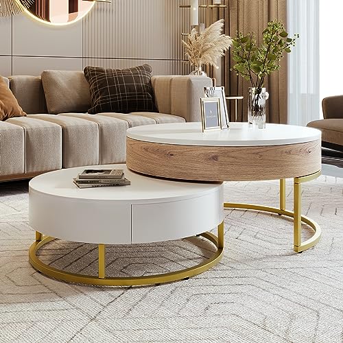 Modern Round Lift-top Nesting Coffee Tables with 2 Drawers for Living Room White & Natural