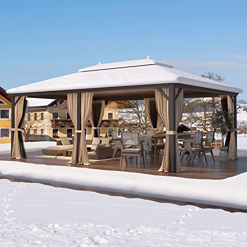 MELLCOM 12'x16' Hardtop Gazebo, Galvanized Steel Metal Double Roof Canopy with Curtains and Netting, Brown Permanent Pavilion Gazebos with Aluminum Frame for Garden, Patio, Lawns, Deck