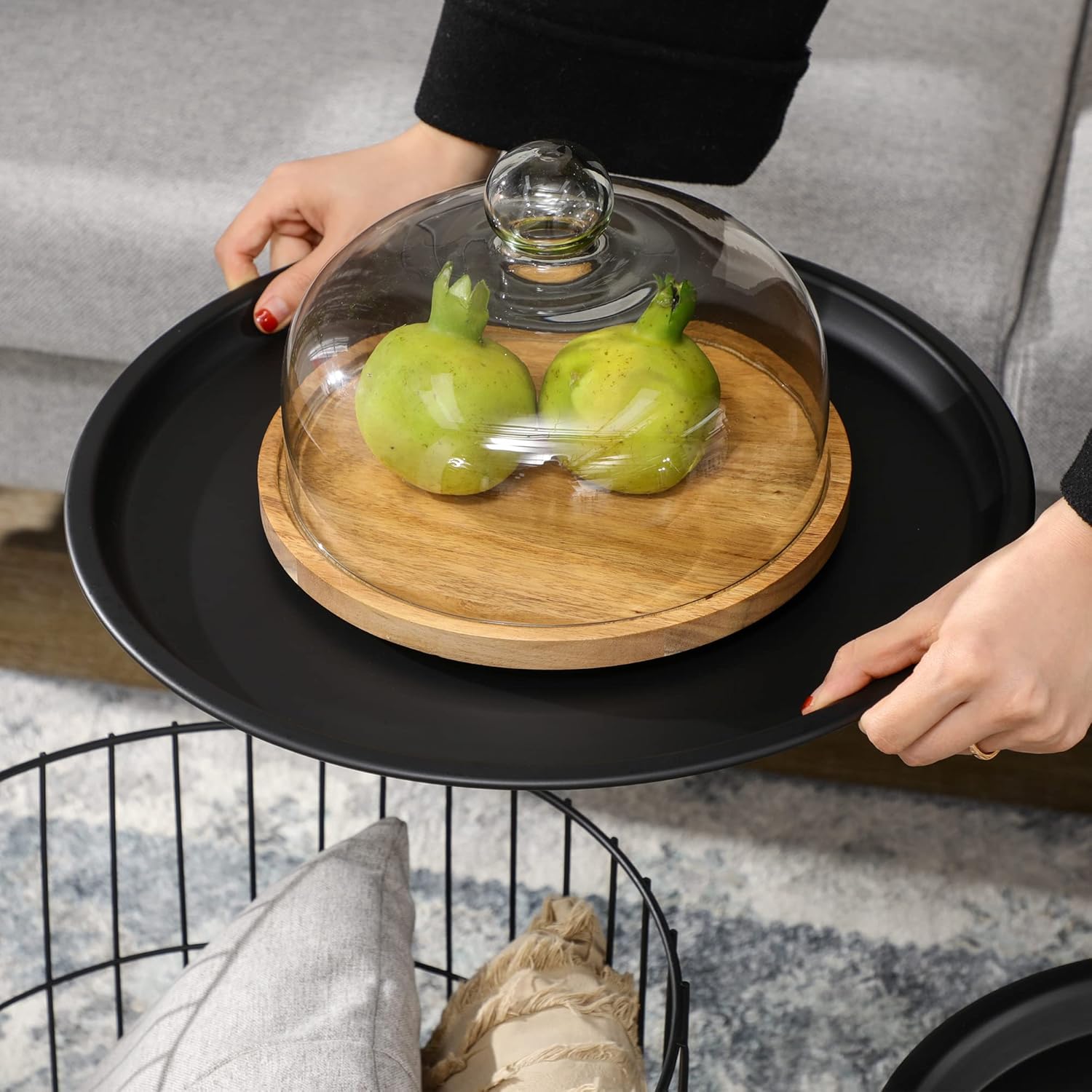 Nesting Coffee Tables, Round Coffee Table Set of 2 with Steel Wired Basket Body and Removable Top, Stacking End Tables Blanket Storage for Living Room, Black