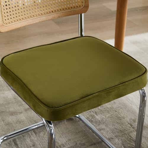 Mid-Century Modern Velvet Accent Dining Chairs Set of 2 - Natural Cane Rattan Back with Stainless Chrome Cantilever Base, Upholstered for Ultimate Comfort in Your Kitchen or Dining Room (Olive Green)