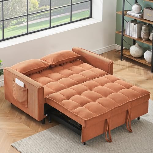 3 in 1 Convertible Sleeper Sofa Bed,Futon Loveseat Couch with Pull-Out Bed & Adjustable Backrest,Velvet Fabric Sofa with Side Pocket for Small Apartment, Living Room, Office (Black)