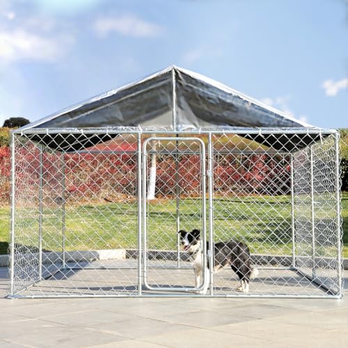 LEISU Outdoor Dog Kennel, Outside Dog Kennel with Roof, Large Dog Run Enclosure, Heavy Duty Dog Pens House, Pet Playpen with Galvanized Chain Link Waterproof Cover (8 x 8 FT)