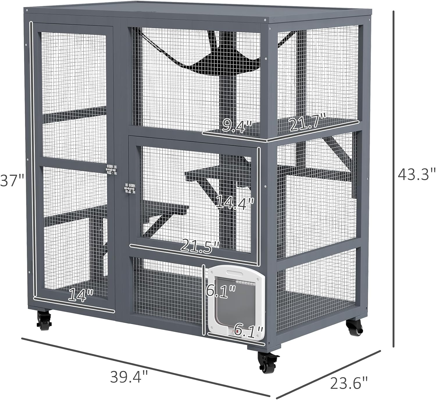 Catio Outdoor Cat Enclosure with Roof Cat House Height 37" Large Wooden Cat Cage with 4 Jumping Platforms for Cat Activity,Grey