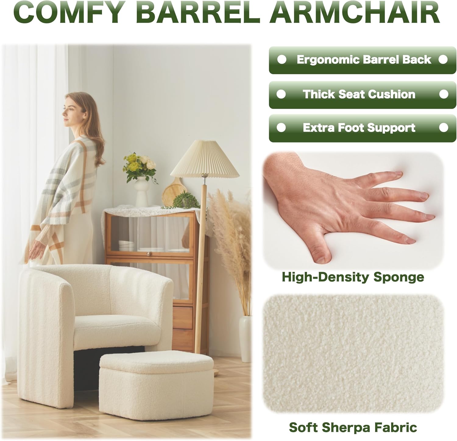 COLAMY Upholstered Barrel Chair Sherpa Fabric with Storage Ottoman Set, Modern Accent Lounge Armchair Club Chair Space-Saving for Living Room Bedroom Home Office, Cream - Set of 2