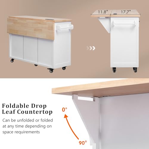 56.5" Rolling Kitchen Island with Storage on Wheels, Kitchen Cart with Drop Leaf & Power Outlet, Portable Island Table with 4 Doors, 5 Drawers, Spice Rack and Towel Bar for Dinning Room, Black