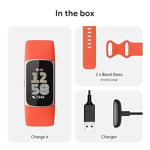 Fitbit Charge 6 Fitness Tracker with Google apps, Heart Rate on Exercise Equipment, 6-Months Premium Membership Included, GPS, Health Tools and More, Gold/Coral, One Size (S & L Bands Included)