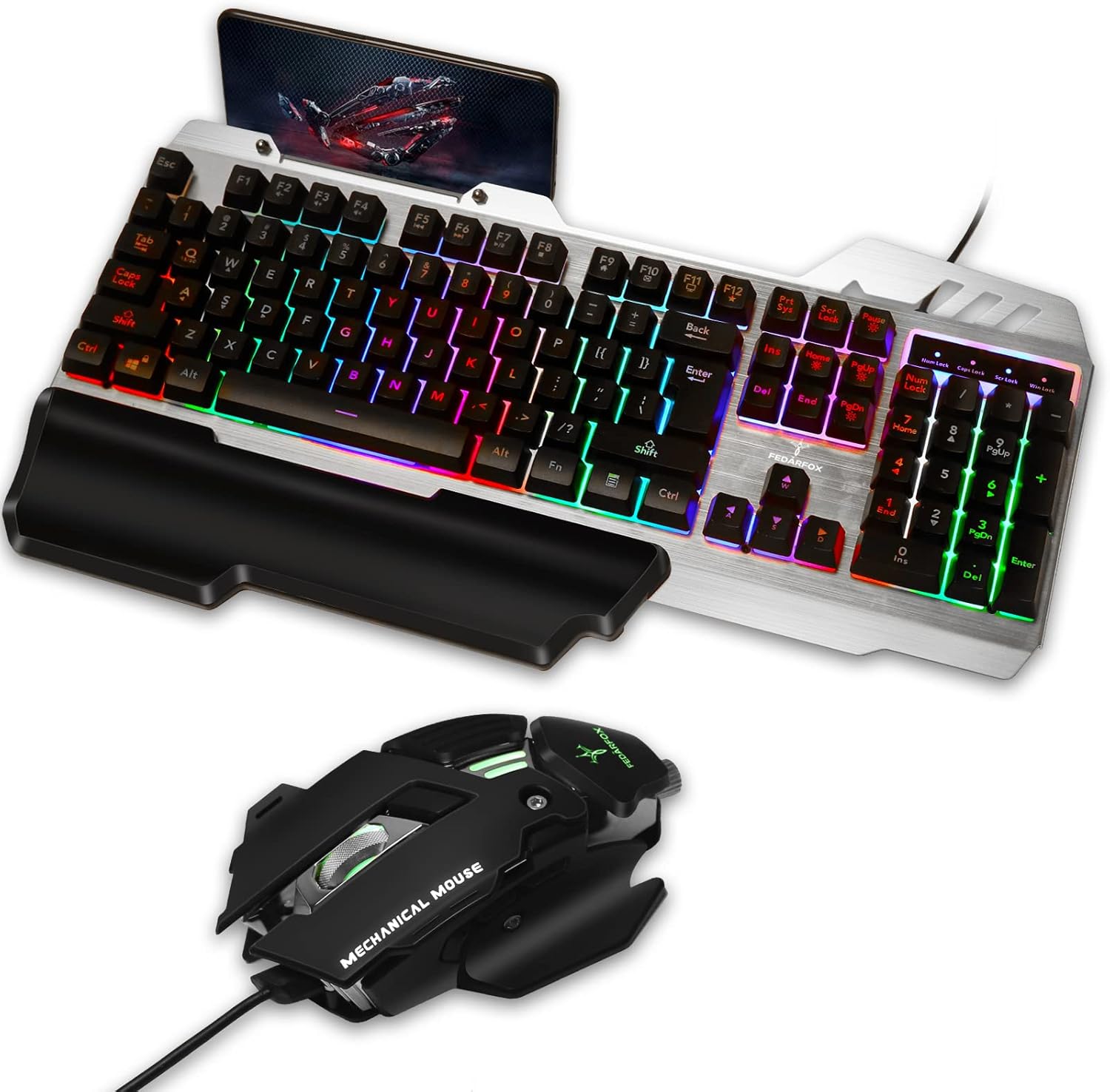 Gaming Keyboard and Mouse - FEDARFOX Wired Rainbow Led Keyboard Mouse Combo Backlit Illuminated Mice Mechanical Feeling Keyboard with Removable Hand Rest RGB Keyboard for Windows PC GamerPS4