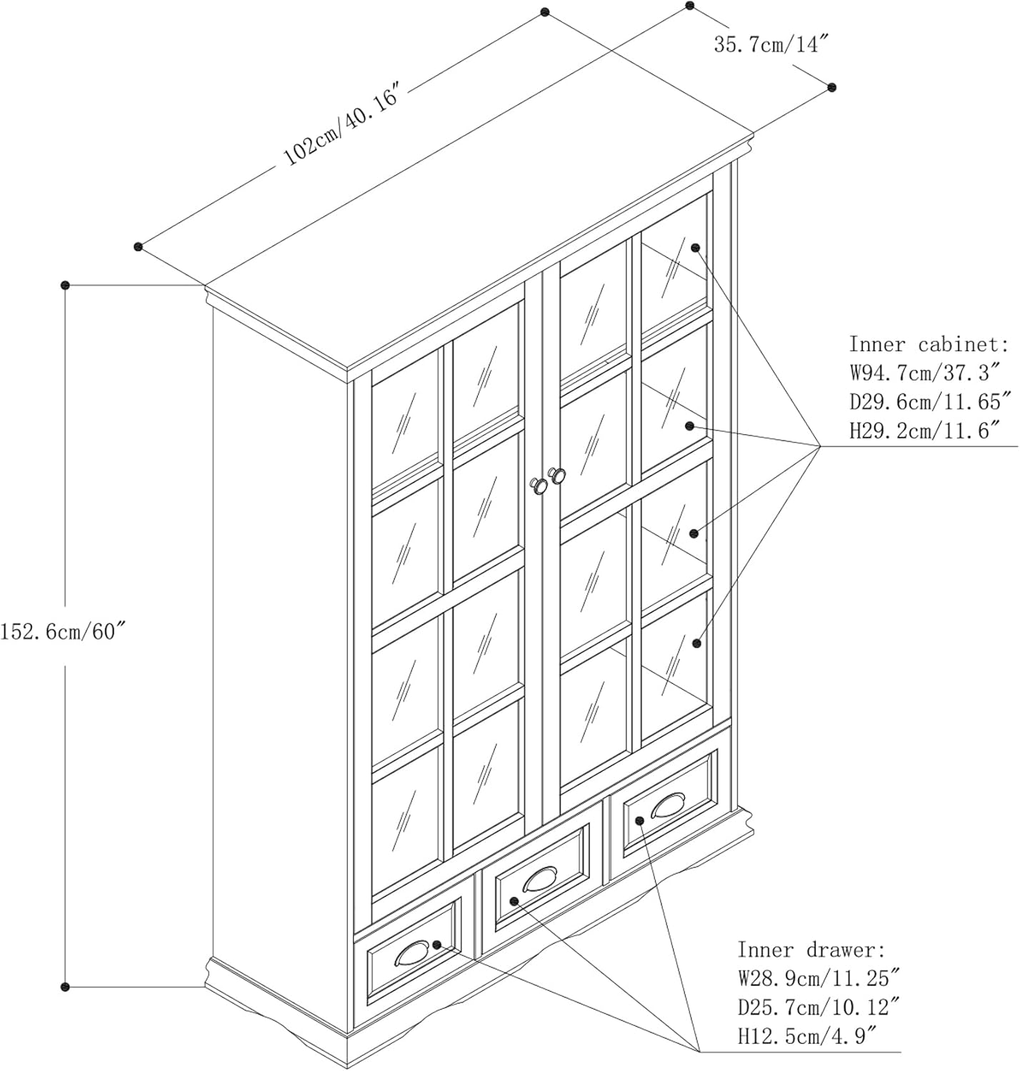 Storage Cabinet with Tempered Glass Doors Curio Cabinet with Adjustable Shelf Display Cabinet with Triple Drawers,Black