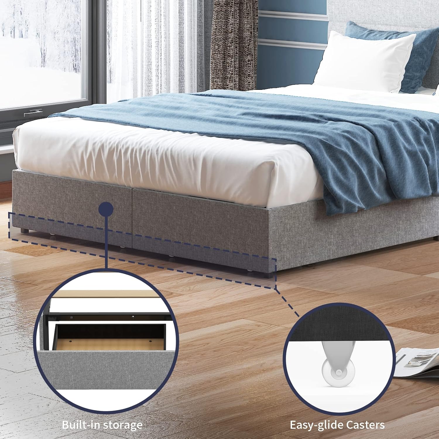 King Bed Frame with 2 Storage Drawers,Platform King Size Bed Frame with Linen Adjustable Headboard,Wooden Slats Mattress Foundation,No Box Spring Needed,Easy Assembly,Light Grey