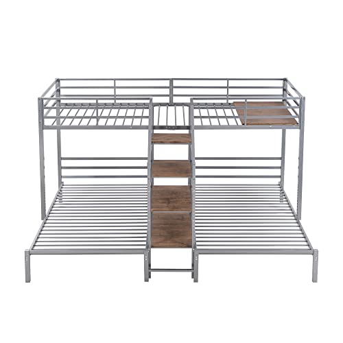 Versatility Full-Over-Twin-Twin Bunk Bed with Wardrobe and Mirror, Solid Wood Triple Bunk Bed Frame with Safety Guardrail and Built-in Shelves, 3 Beds in 1 for Kids Teens Adults (Grey-Mi)