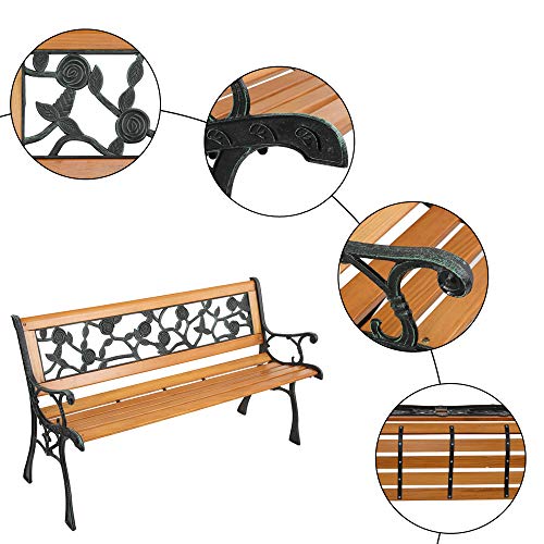 Outdoor Garden Bench, Antique Patio Bench with Cast Iron and Hardwood Frame, Weather Proof Porch Outdoor Loveseat with Rose Style Back for Backyard, Deck, Lawn