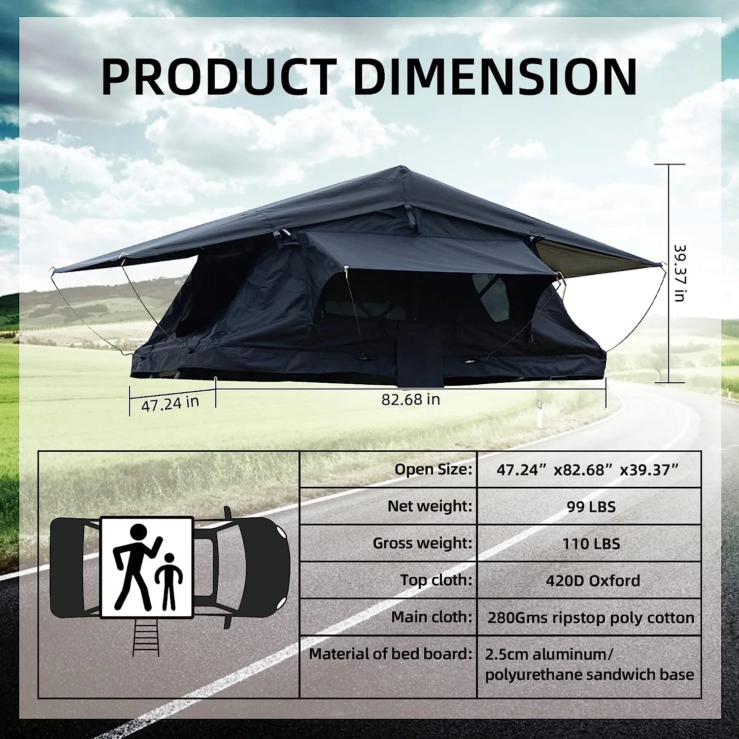 Holaki Rooftop Tent Truck SUV Camping Rooftop Tent with Ladder, Rooftop Tents for Camping Waterproof Sunroof Tent Breathable Large Space Outdoor Travel Fishing Trailer Tent for 1-2 People