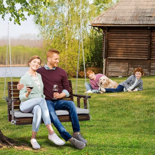 VINGLI Heavy Duty 880 LBS Patio Wooden Porch Swing Outdoor with Extra Cushion, Farmhouse Hanging Bench Tree Swing with Adjustable Chains for Yard | Garden | Lawn | Balcony (5 FT, Rustic)