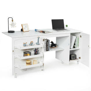 Generic Folding Sewing Table Shelves Storage Cabinet Craft Cart w/wheels Large White