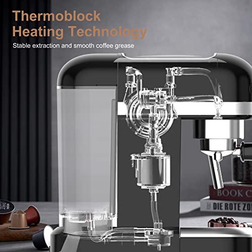 20 Bar Espresso Machine, 1350W High Performance, 1.4 Ldetachable transparent water tank, Thermo block beating system,With safety valve (Black)