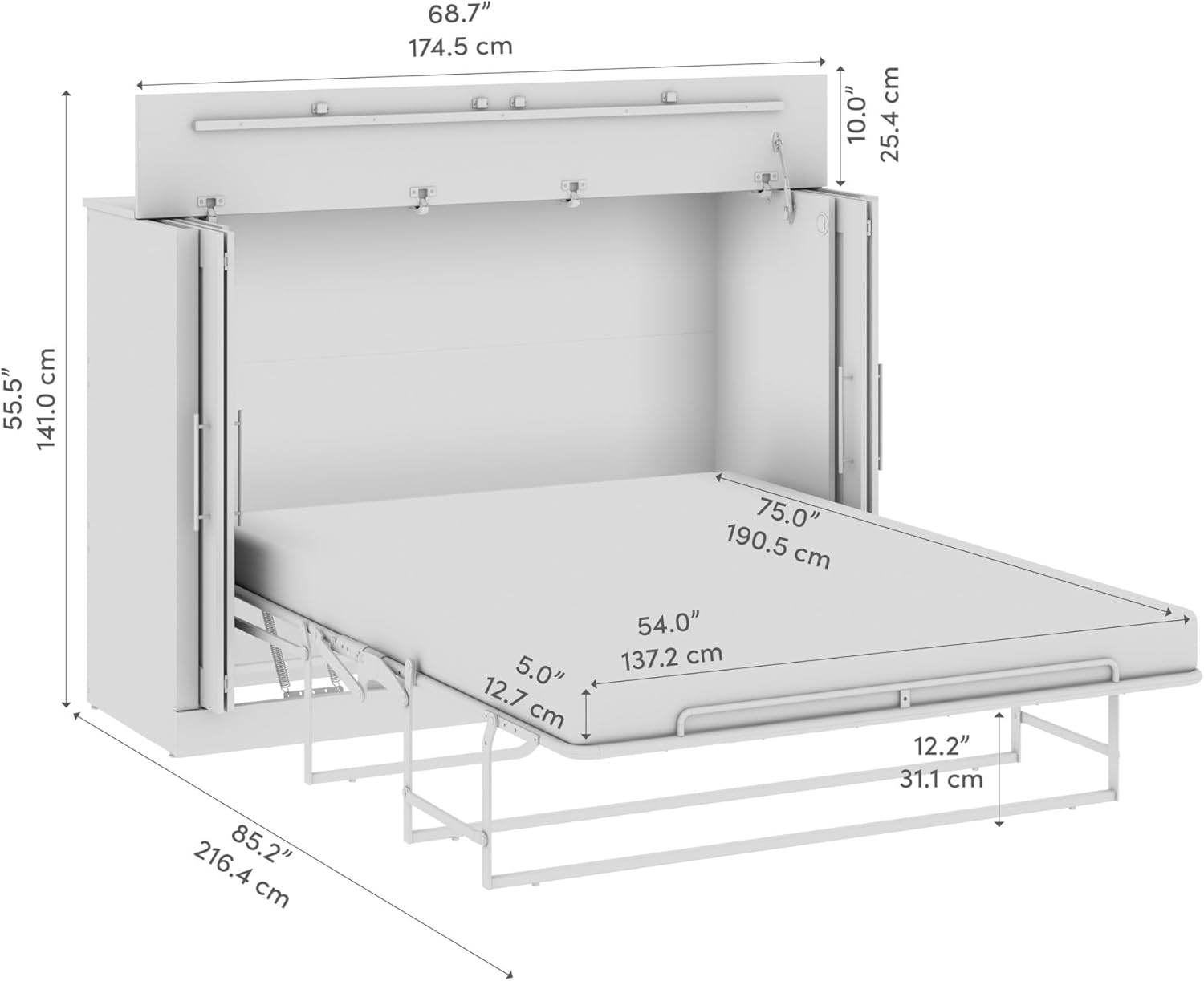 Bestar Pur 69W Murphy Cabinet Bed with Mattress, Space-Saving Sleeping Arrangement for Multipurpose Guest Room or Home Office, Full, White