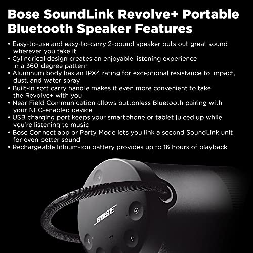 Bose SoundLink Revolve+ (Series II) Bluetooth Speaker, Portable Speaker with Microphone, Wireless Water Resistant Travel Speaker with 360 Degree Sound, Long Lasting Battery and Handle, Black