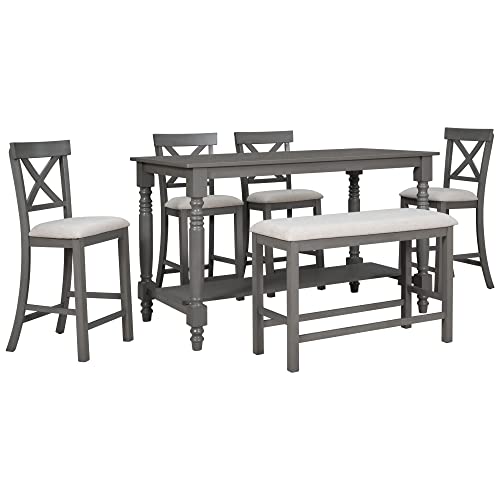 UBGO 6 6,6-Piece Counter Height Set Table with Shelf 4 Chairs and Bench for for Kitchen, Dining Room,Breakfast Corner, Gray-b