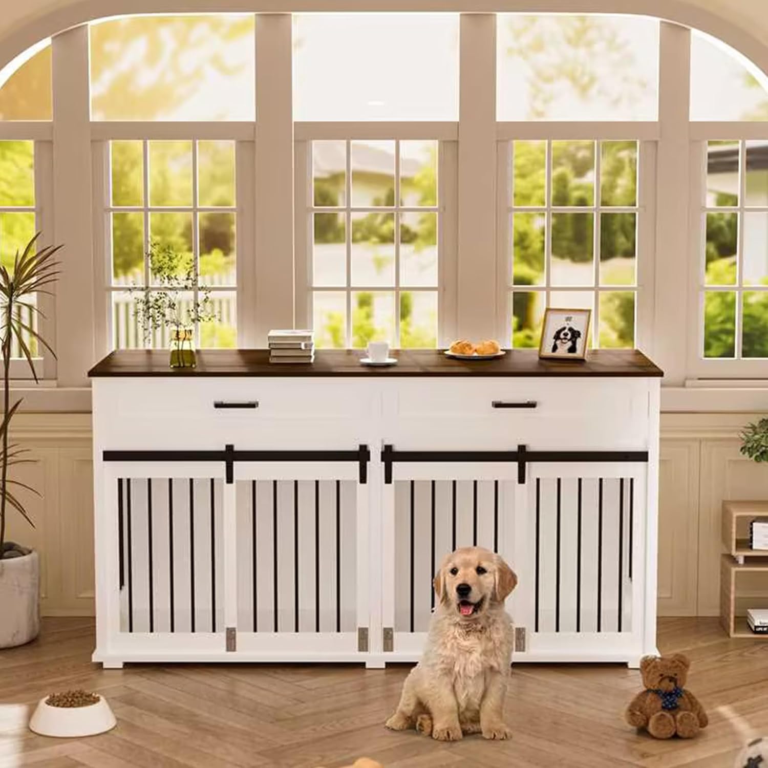 VEIKOU Dog Crate Furniture with 2 Storage Drawers, 2-in-1 Double Dog Kennel Furniture for Large Medium Small Dogs, Wooden Dog House Indoor with Removable Divider, Wide Tabletop for TV Stand, White