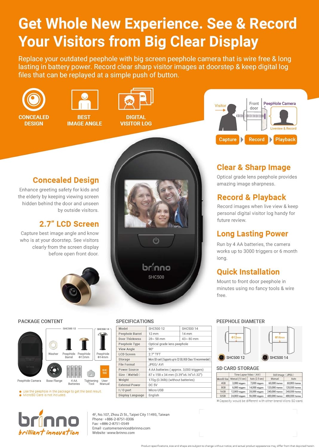 Brinno Front Door Peephole Security Camera SHC500 – Theft Proof Design – Superior Battery Life – No Motion Detection – No Smartphone Necessary - Quick, Easy Installation