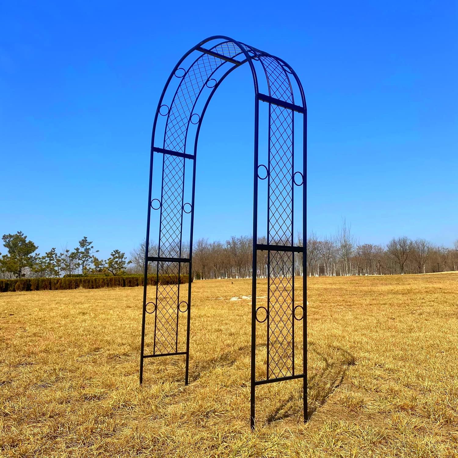 Metal Iron Garden Arch Arbour Trellis Geometric Beauty Minimalist for Climbing Plants Outdoor Garden Backyard Patio Wedding Birthday Party Decoration, Black 47'' Wx87.5“H