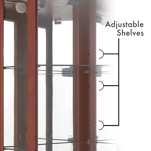Goujxcy 72" Tall Corner Display Cabinet Lighted Curio Cabinet, 6-Tier Wood Curio Showcase Collection Art Display Case, Bar and Liquor Storage Area with Glass Doors and Adjustable Shelves (Cherry)