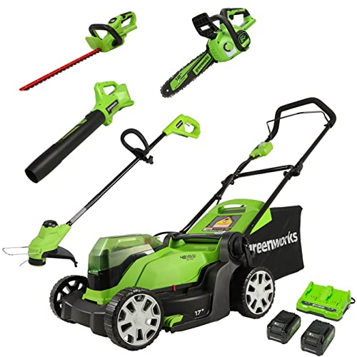Greenworks 48V 17" Cordless Electric Lawn Mower, Leaf Blower, String Trimmer, (2) 4.0Ah Batteries and Rapid Charger