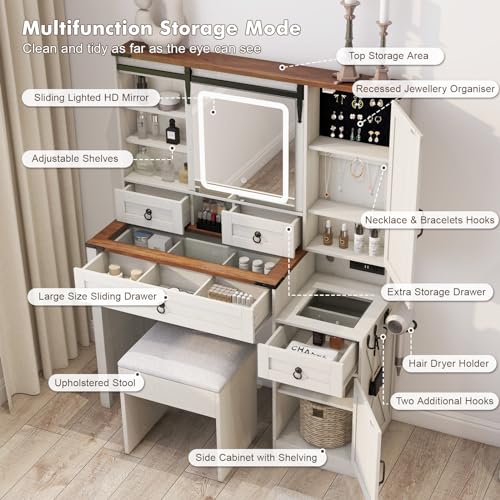 Farmhouse Vanity Desk with Mirror and Lights, Makeup Vanity with Charging Station & Jewelry Cabinet, 42” Glass Tabletop, 4 Drawers, Adjustable Shelves, White Vanity