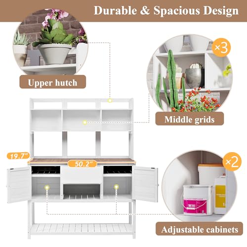Outdoor Wooden Potting Bench Table – Farmhouse Garden Workstation with Drawers, Cabinet & Storage Shelves, Large Fir Wood Work Table for Patio, Backyard, Mudroom, Greenhouse (Light Brown, 66''H)