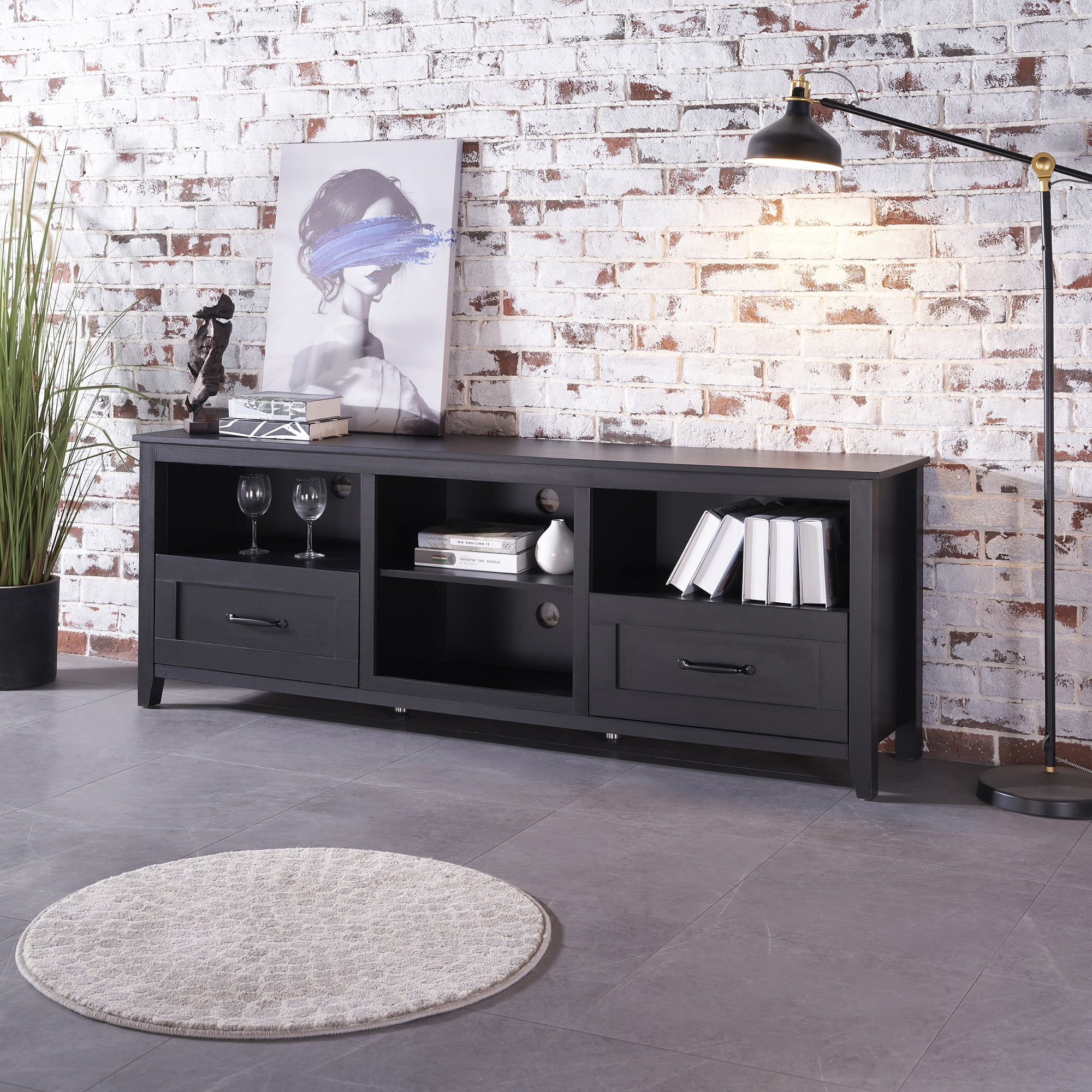 SYNGAR Industrial TV Stand for TV up to 70 inches, Wood TV Console Table Stand with 2 Storage Drawers and 4 Open Compartments, Home Living Room Entertainment Center, Black, 70"L x 15"W x 25"H