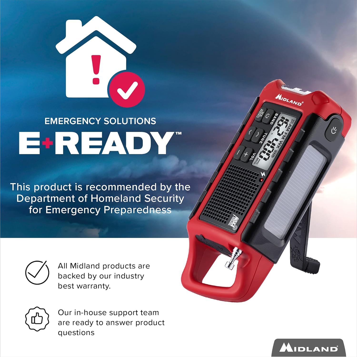 Midland - ER310, Emergency Crank Weather AM/FM Radio - Multiple Power Sources, SOS Emergency Flashlight, Ultrasonic Dog Whistle, & NOAA Weather Scan + Alert (Red/Black)