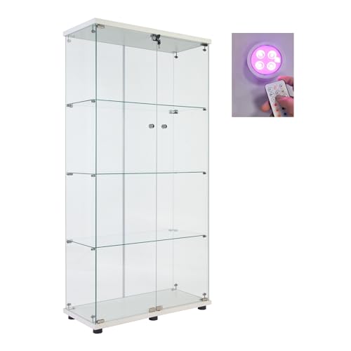 Glass Display Cabinet with Lock and Lights, Lighted Curio Cabinet with 2 Doors and 4 Shelves, Modern Collectibles Toy Organizers Rack Display Case for Living Room Home Office, White