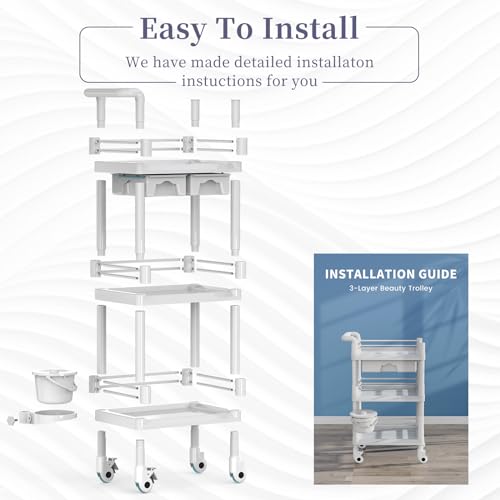 Beauty Trolley Cart with Wheels, Esthetician Cart with Handrail, Bucket and 2 Big Drawer, 2 Tier Heavy Duty Beauty Salon SPA Cart, Load 330lbs, 360° Rotate Silent Wheels