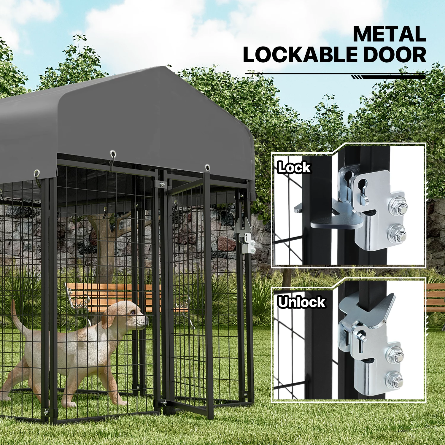 MoNiBloom 4ft x 4.25ft x 4.5ft Outdoor Dog Kennel with UV Protection Waterproof Cover and Roof, 8 Panels Welded Dog Pen Dog Playpen Dog Enclosure for Medium Dogs