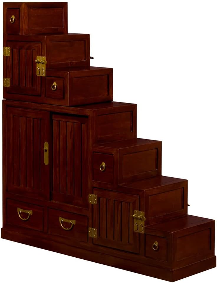 ChinaFurnitureOnline Elmwood Asian Cabinet, Japanese Step Tansu Chest in Mahogany Finish