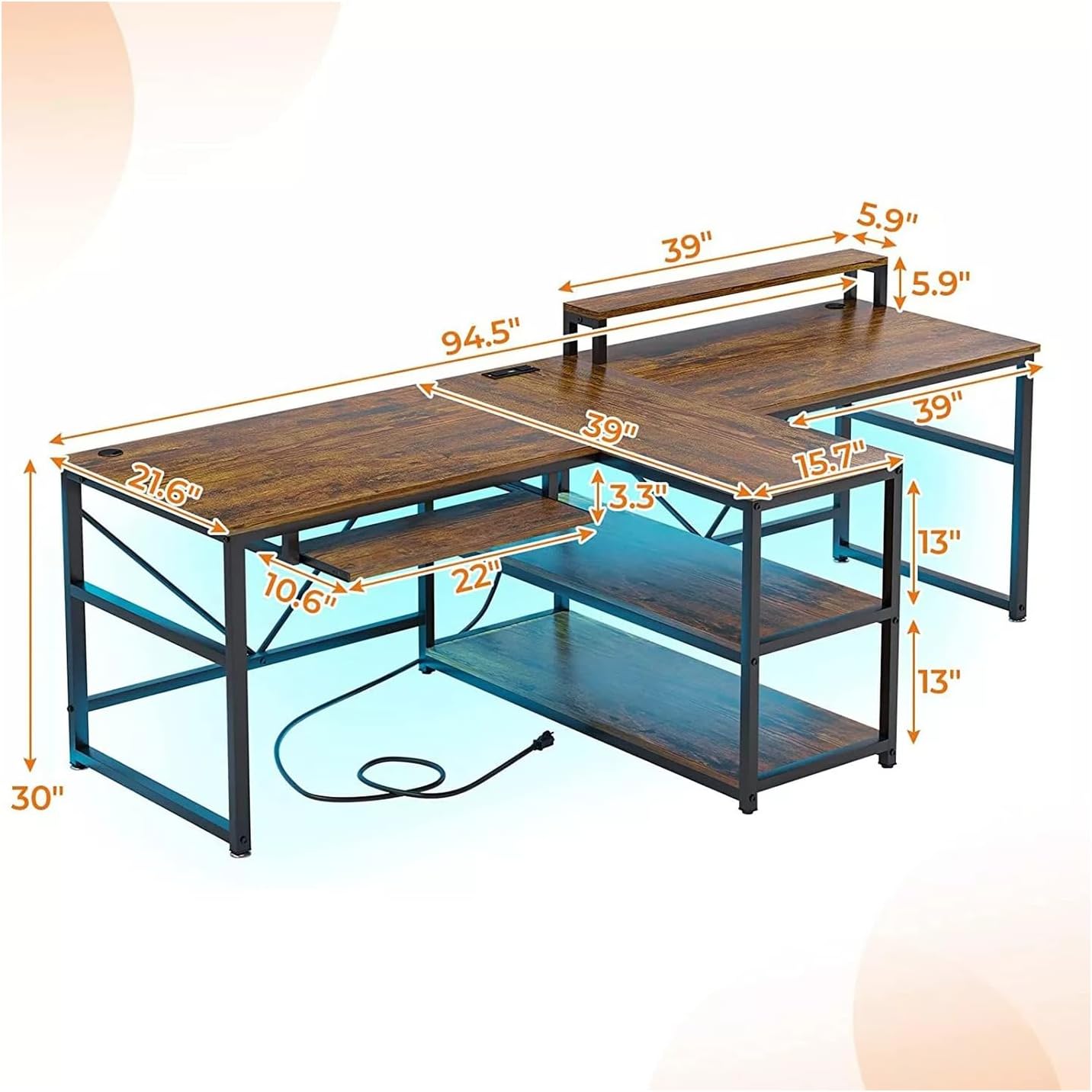 New Brown 95 Inches Home Office Desks Computer Gaming Desk Extra Long Double Desk for 2 Person RGB LED Lights Shelves Table Gamer Ergonomic Storage Shelf Home Office Wood Modern 94.5"L x 39"W x 30"H