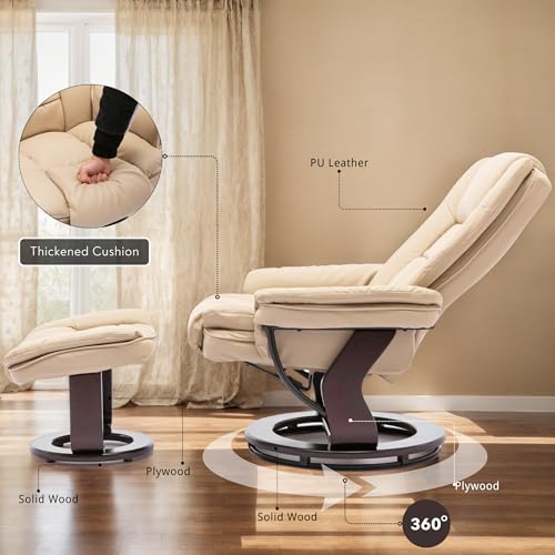 JC Home Argus Swivel Recliner with Ottoman, PU Leather & Wood Base Reclining Chair with Footrest, Ultra-Plush Double Foam for Living Room, Bedroom and Office