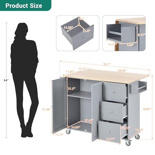 LUMISOL Kitchen Island on Wheels with Storage, Large Kitchen Island Cart with Drop Leaf, 52.7 Inch, Grey Blue