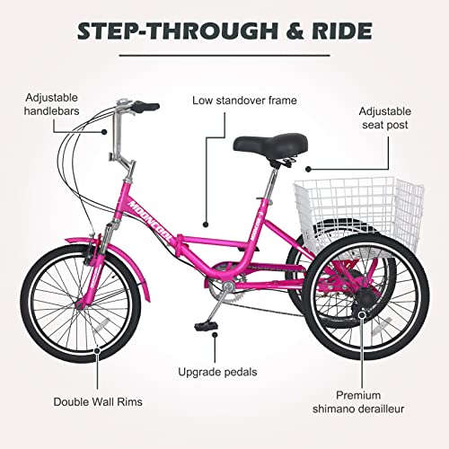 NAIZEA Adult Folding Tricycle Adult Tricycles, 7 Speed 20/24/26 Inch 3 Wheel Bike Cruiser Trike with Large Basket/Low-Step Through, Folding Adult Trikes Foldable Tricycle for Women, Men, Seniors