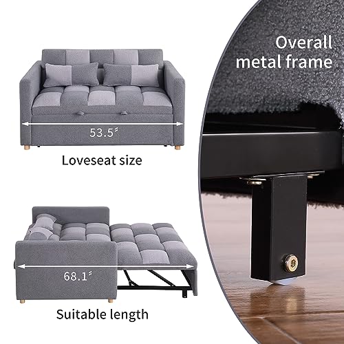 Loveseat Sleeper, Pull Out Sleeper Sofa with Adjustable Backrest and Pillows, Teddy Fabric Couch Bed for Living Room, Apartment and Small Space (Brown)