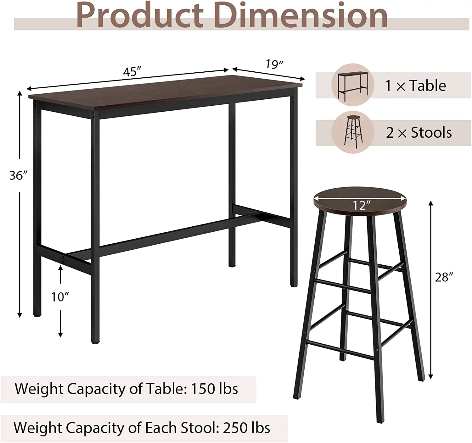 TJUNBOLIFE 3-Piece  Table Set - 36" H Counter Height Table w/ 2 Round Stools  Space Saving Design  Kitchen Breakfast Dining Table Set for Living Room  Dining Room  Pub  Bistro (Black