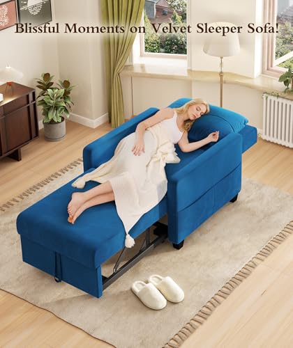Sleeper Sofa Chair, 3 in 1 Convertible Sleeper Chair with Adjustable Backrest, 32" Pull Out Couch Bed 400lbs Support, Comfy Velvet Small Sofa Bed for Small Space with Pillow & 2 Pockets, Blue
