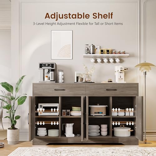 55" Sideboard Buffet Cabinet with Storage, Large Kitchen Storage Sideboard with Drawers & Doors, Modern Wood Farmhouse Coffee Bar Cabinet, Buffet Table for Kitchen, Dining Room, Living Room, White