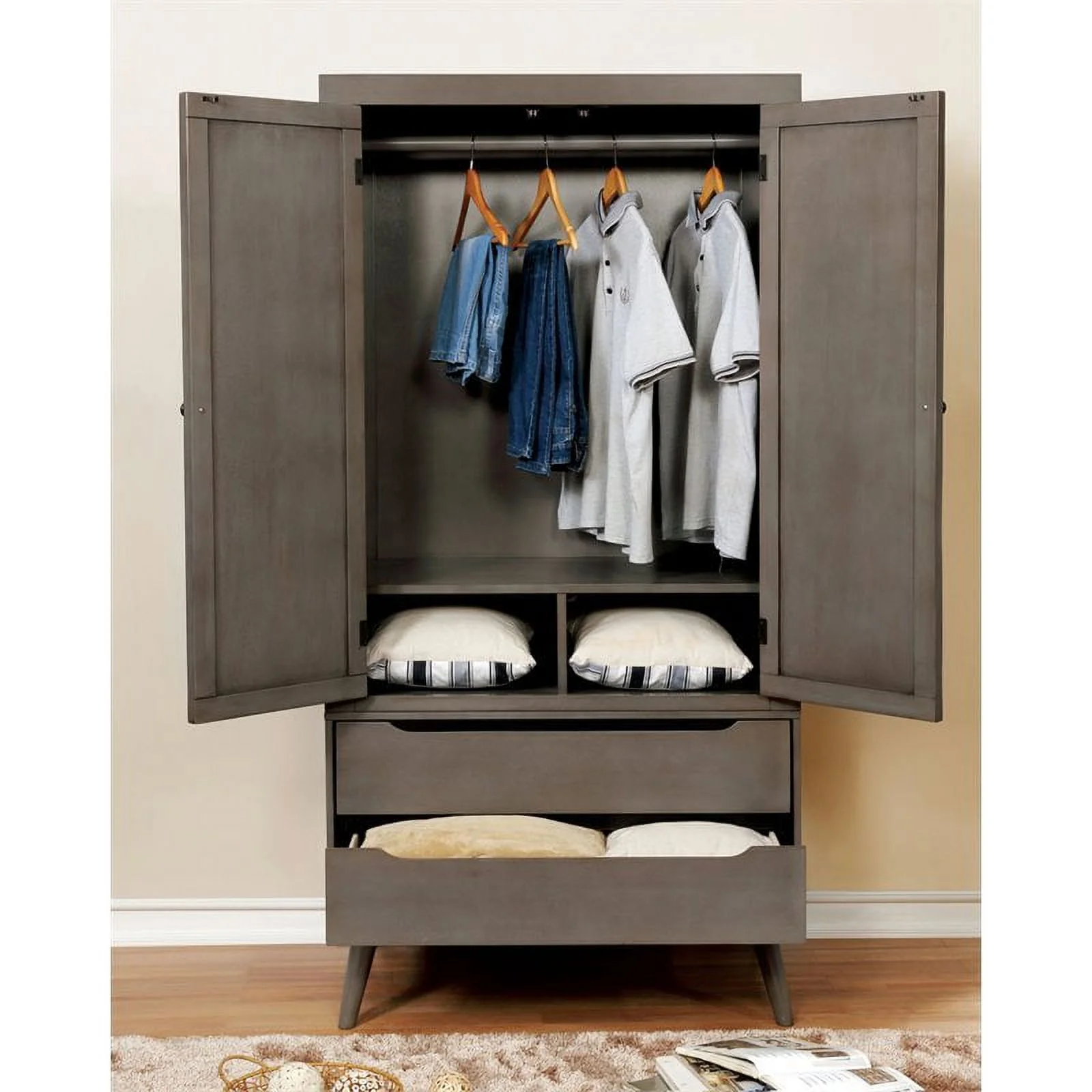 Furniture of America Belkor Mid-Century Modern Solid Wood Armoire in Gray