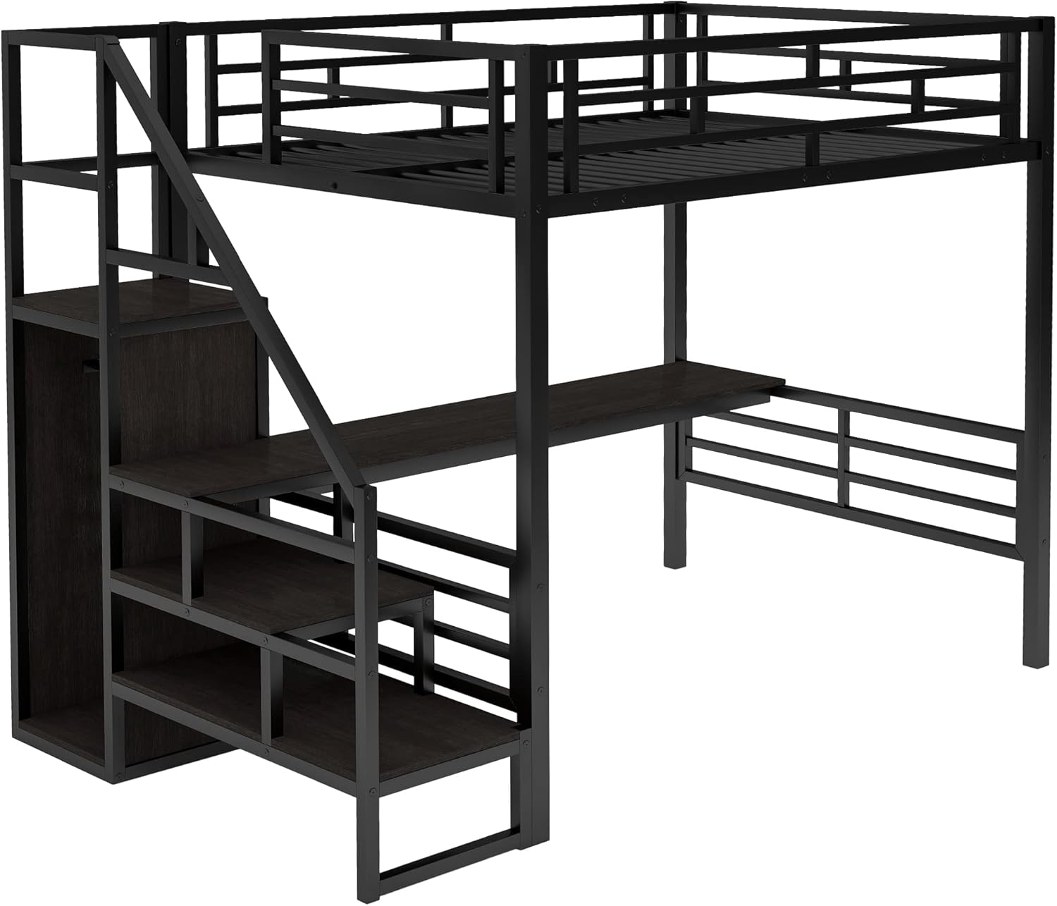 CITYLIGHT Full Loft Bed with Desk and Wardrobe,Metal Loft Bed Full Size with Storage Stairs and Guard Rail,Space Saving Loft Bed with Desk Underneath for Kids Teens,Black