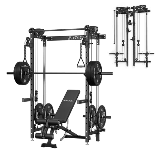 Mikolo Folding Squat Rack, Wall Mounted Power Rack with Cable Crossover Machine & LAT Pull Down, Functional Trainer with 5 Adjustable Function Modes, for Home Gym and Space Saving